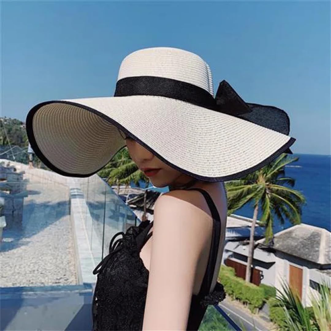 Yeuyyben Cappelli da spiaggia a tesa larga per le donne cappello estivo pieghevole cappello da sole alla moda piatto Bowknot Panama cappelli di paglia