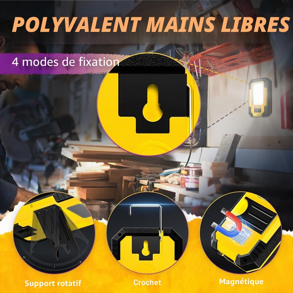 WARSUN Lampe de Travail c Baladeuse LED COB 1200 lumens Super Lumineuse Portable avec Base Magnétique et Crochet 30W Lampe Mecanicien pour Réparation, Jaune
