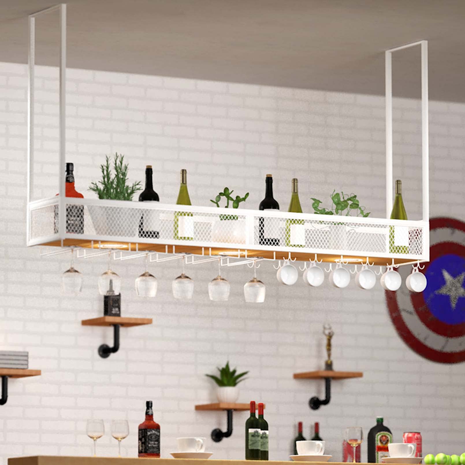 Étagère de rangement plafond pour bouteilles et verres au design élégant en métal