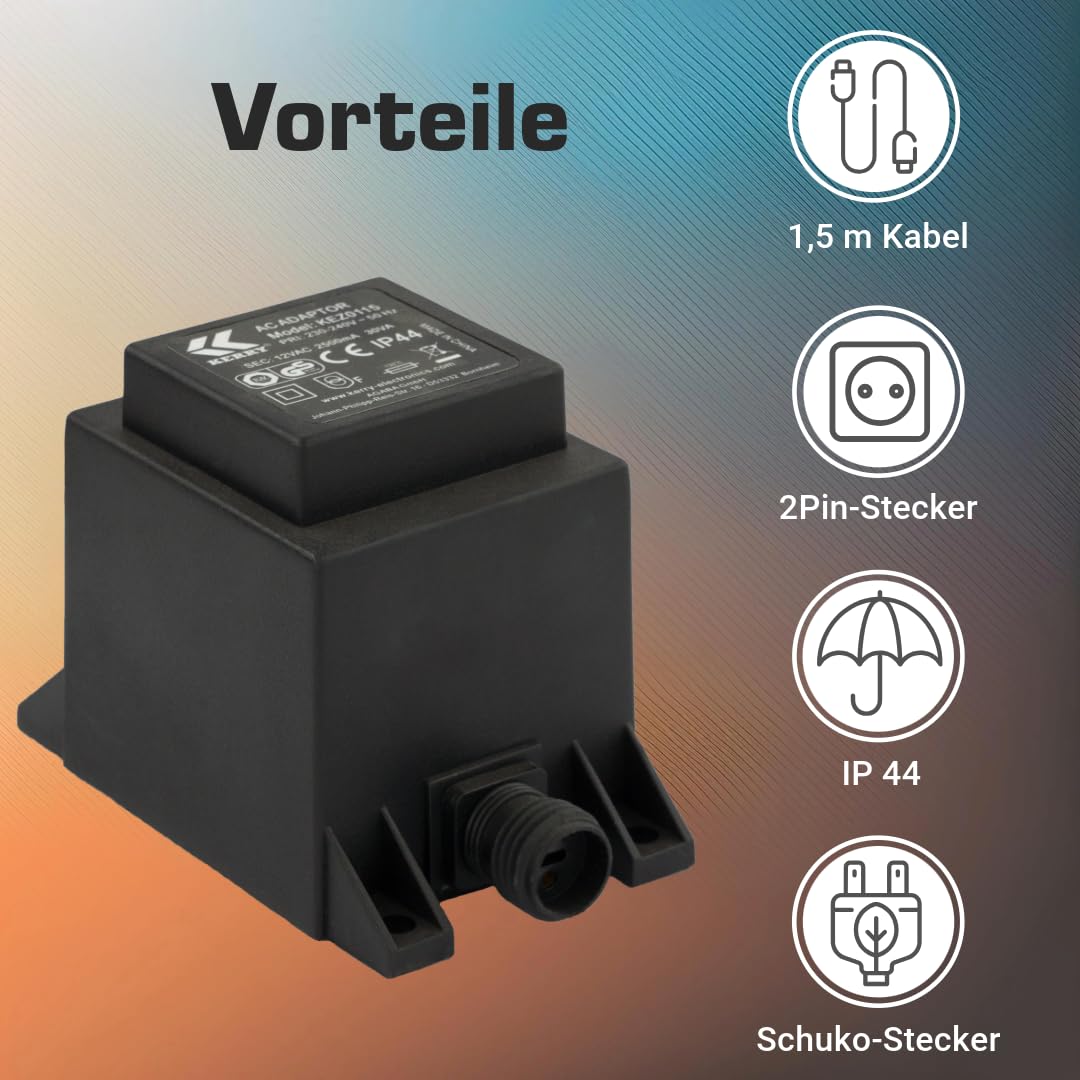 Kerry Electronics Transformator IP44 30 VA, 12 V, prąd zmienny AC/AC, przewód zasilający 2 m, zasilacz, 12 V