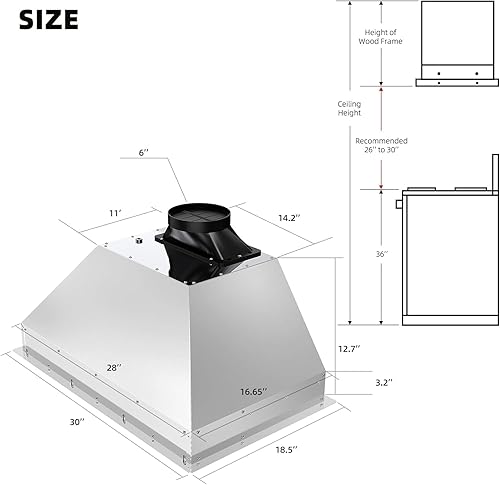 Miniatura 6 de BRANO Campana extractora de 30 pulgadas con control de vozgestostáctil, ventilación de campana de cocina integrada de 900 CFM con ventilador de