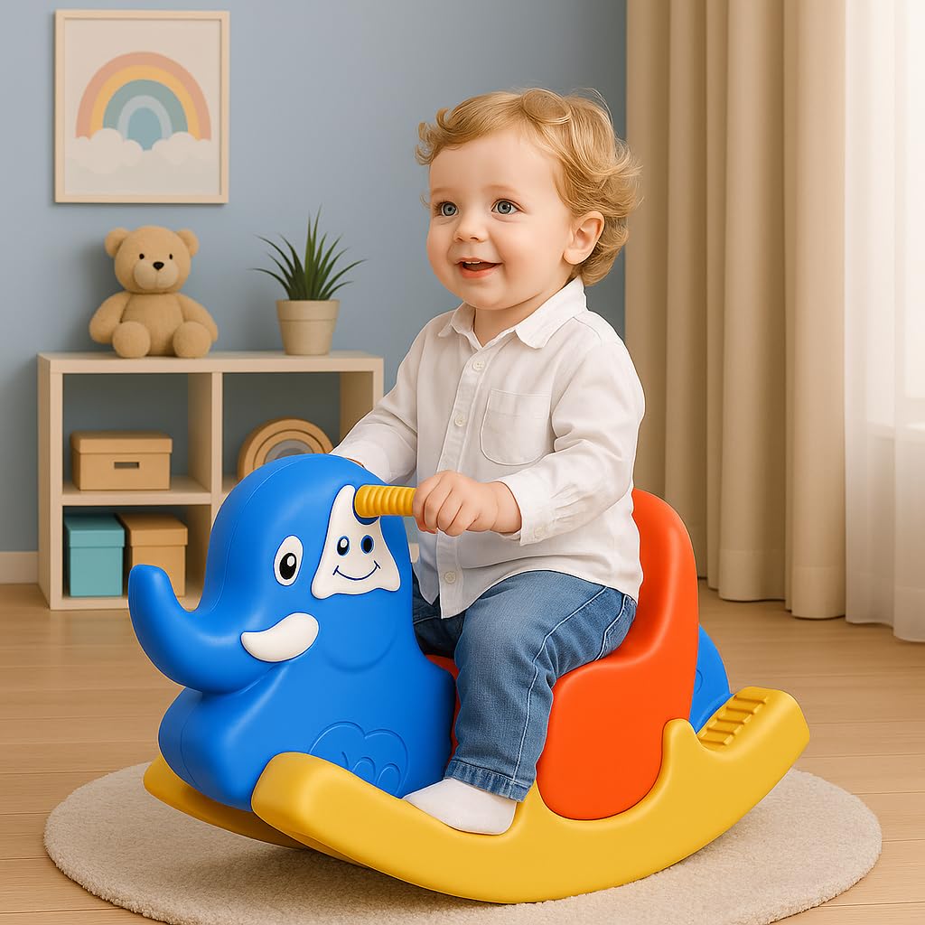 Kidsmate Rolling Elephant Ride-On Rocker for Toddlers | Safe & Fun Rocking Toy for Boys & Girls Aged 12–36 Months | Sturdy Build, Bright Colors – Blue, Red & Yellow | 25kg Weight Capacity-image-43