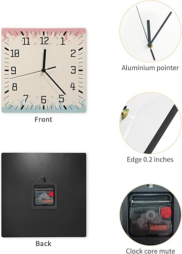 Miniatura 2 de Easter Wooden Wall Clock Silent Non Ticking, Bunny Flowers Butterfly Pink Blue Silhouette Burlap Square Wall Clock Battery Operated, Decor Clock for