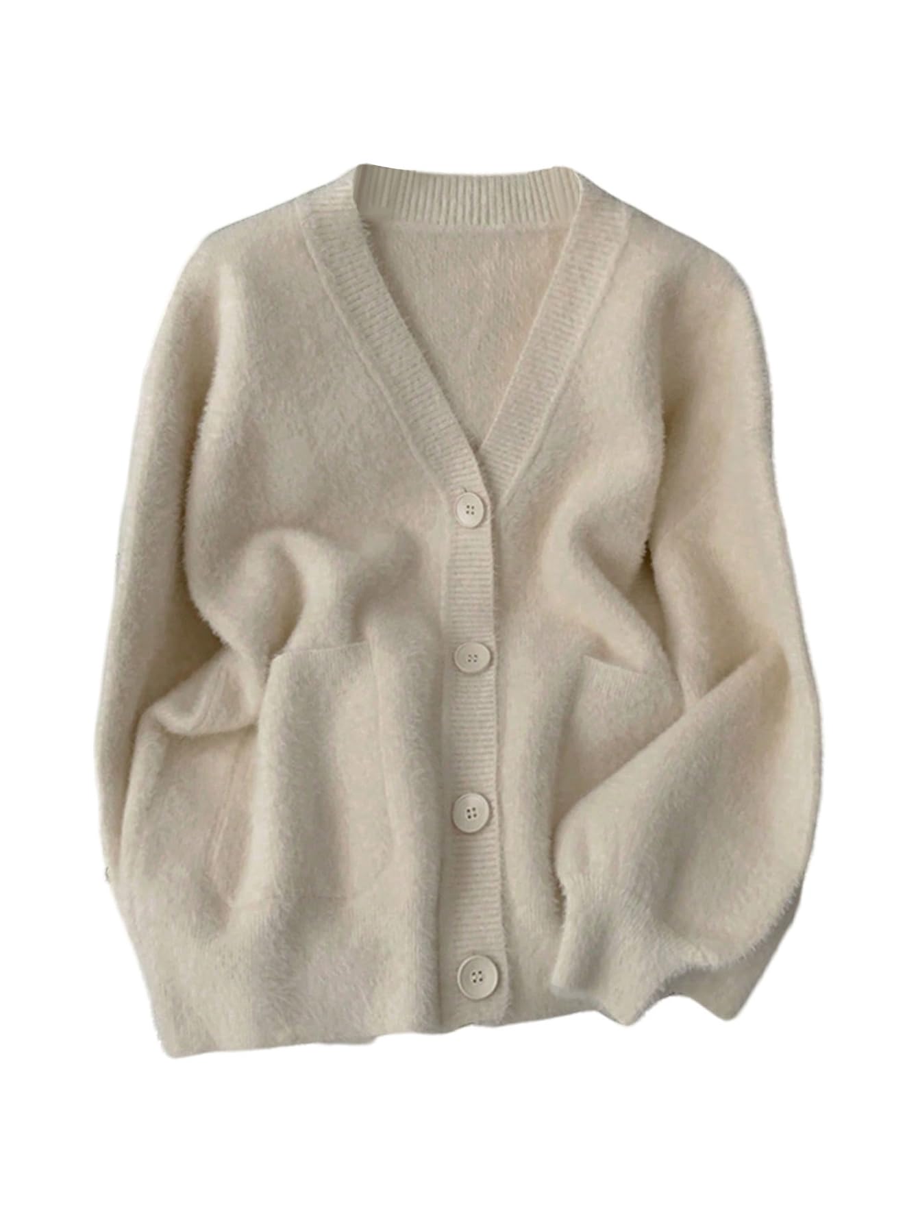 MakeMeChic Womens Fuzzy Cardigan Sweaters Button Down Long Sleeve V Neck Knit Furry Oversized Sweater