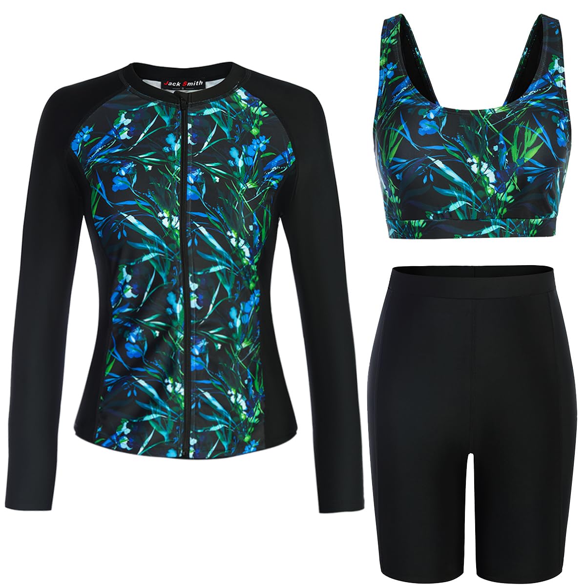 Women's 3 Piece Long Sleeve Rash Guard Swimsuits Zip Front Bathing Suit Tankini Swimsuits UPF 50, Black/Drop Ink Flower, X-Large-image-43