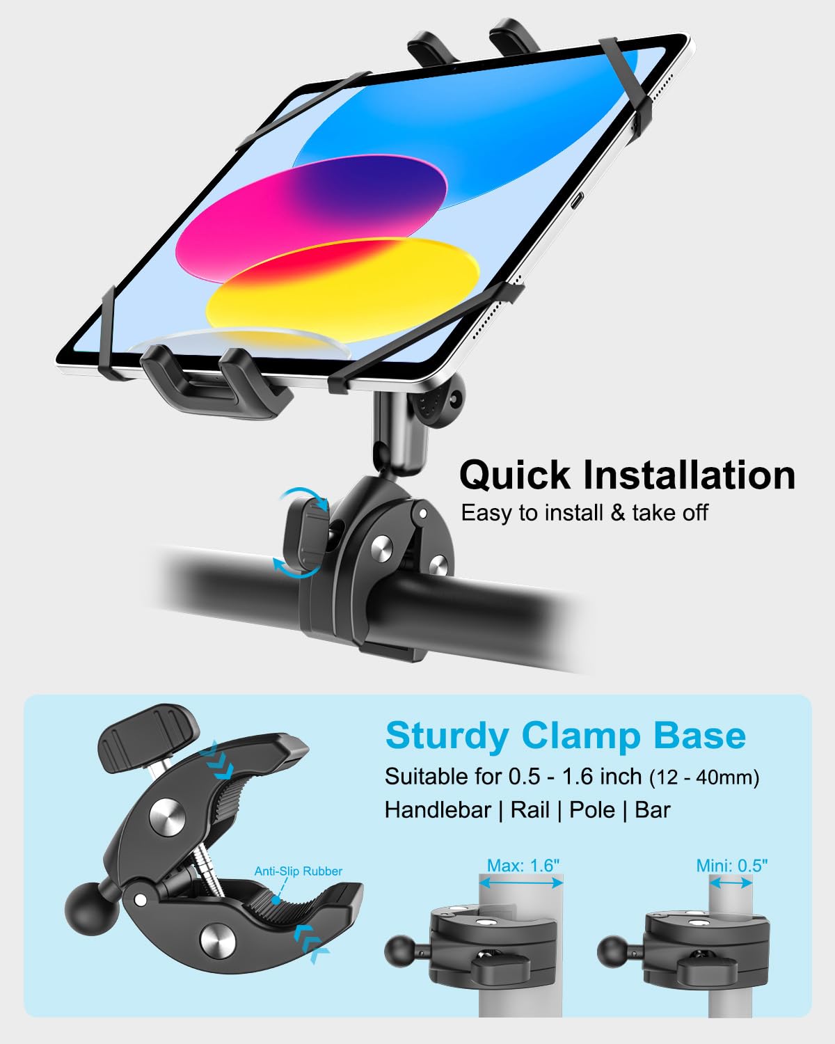 Support Tablette Moto, Universel Support Tablette pour Pied de Micro/Fauteuil Roulant/Tapis de Course/Poussette, 360° Fixation sur Guidon Porte pour 4-13" iPad Pro Air Mini, Galaxy, iPhone
