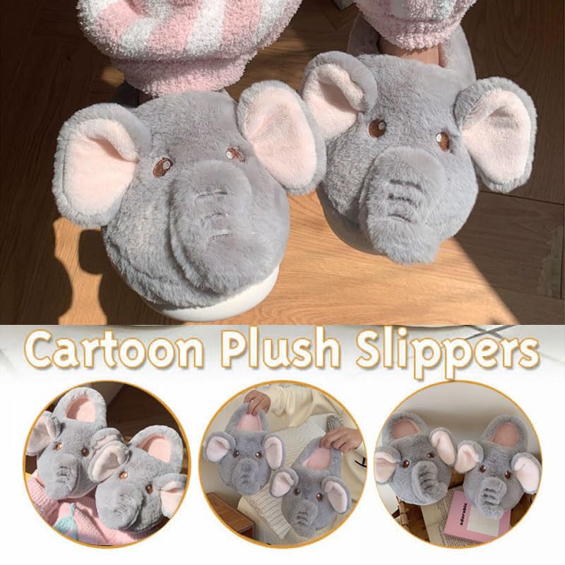 Jfxgjuv Elephant Slippers, Frog Slides, Cute Pig Cartoon Animal Slippers, Fluffy Retro Memory Foam Plush Indoor Outdoor Home Shoes (Elephant grey,7.5-8 Women/5.5-6 Men)4