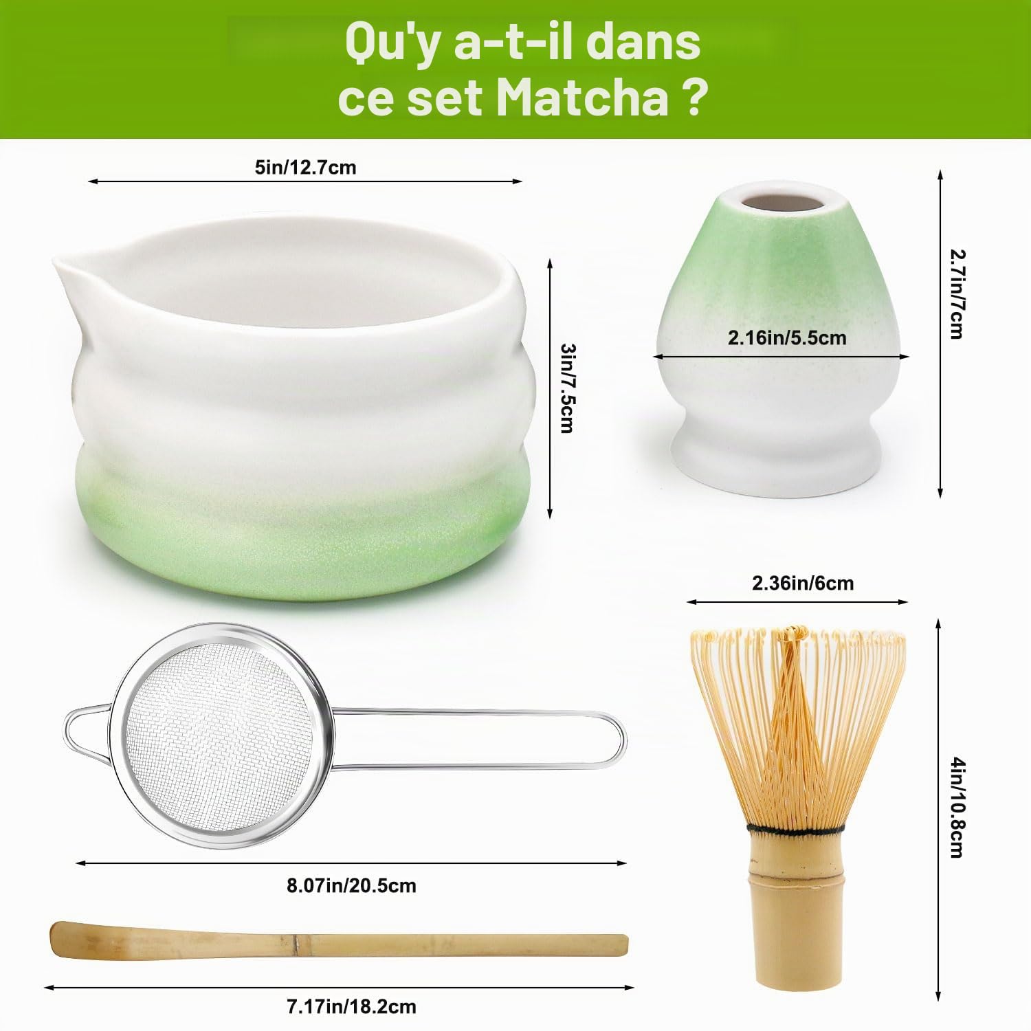 Kit Matcha Complet, 5 Pièces : Bol Matcha 550 ml, Fouet Matcha Bambou, Tamis, Support Matcha Fouet et Cuillère Matcha, Premium pour Maison, Bureau et Cadeaux