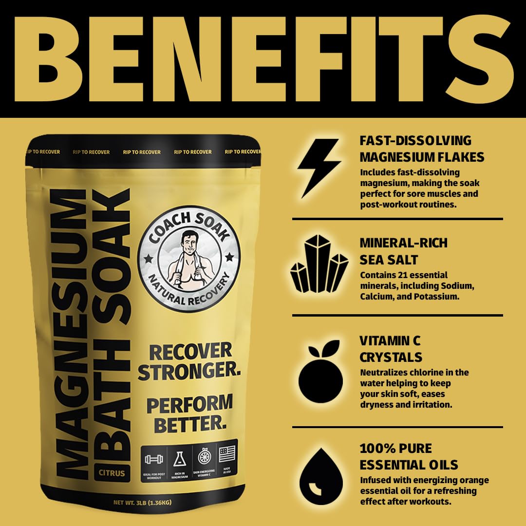 Coach Soak Recovery Bath Soak, Copos de magnesio rejuvenecedores para después del entrenamiento, 21 minerales, aceites esenciales y sales de baño del Mar Muerto, 1,36 kg (Energizing Citrus)