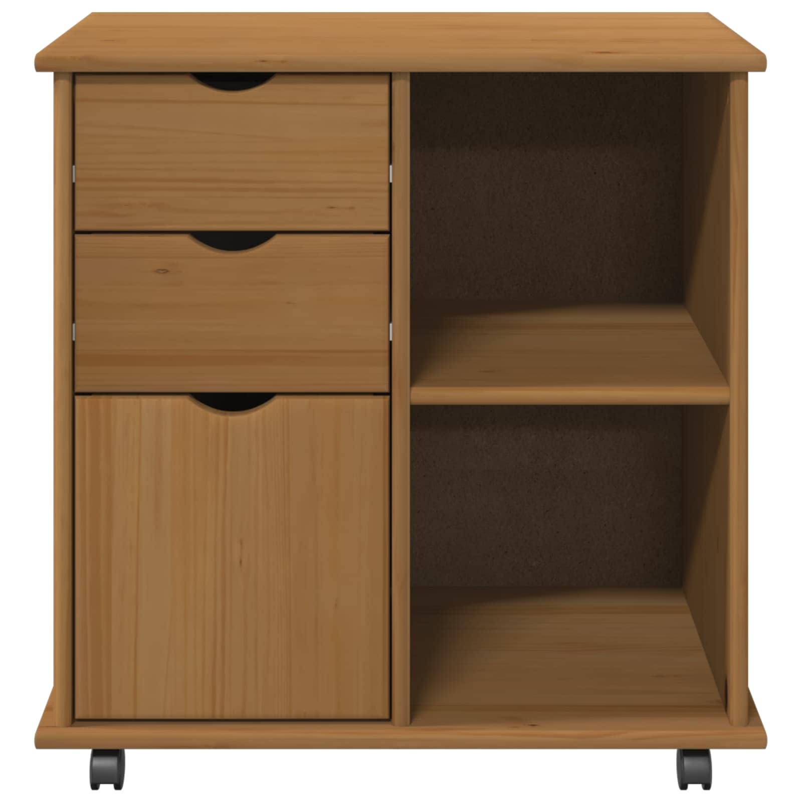 Hothingwell Szafka na kółkach z litego drewna sosnowego, brązowa, miodowa, 63,5 x 39 x 65,5 cm, szafka na kółkach z wbudowanymi półkami i uchwytami, minimalistyczny design do biura lub salonu