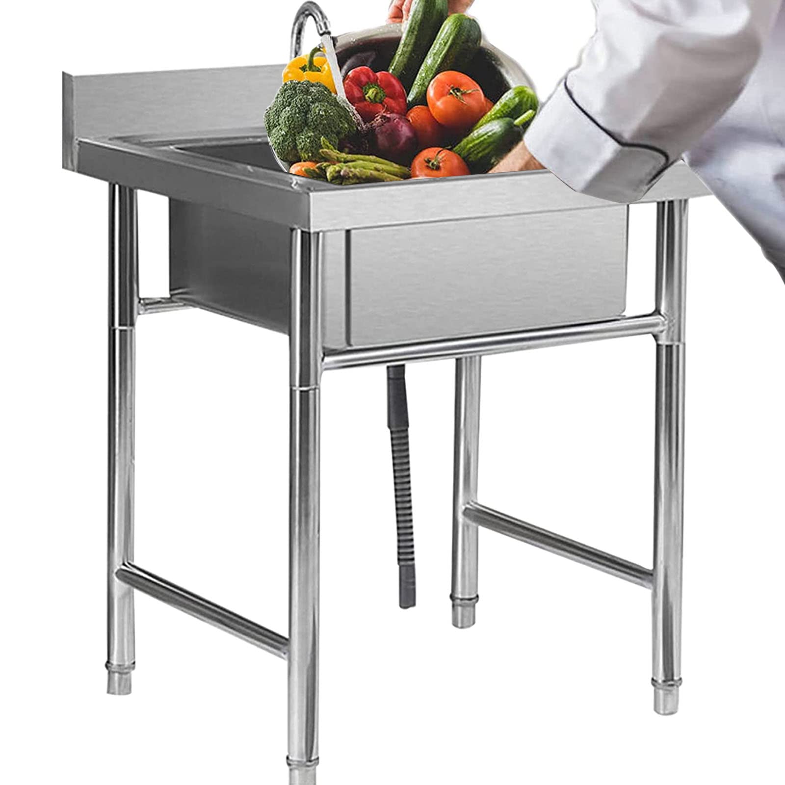 Évier de cuisine en acier inox robuste avec pieds réglables et protection anti-eclaboussures