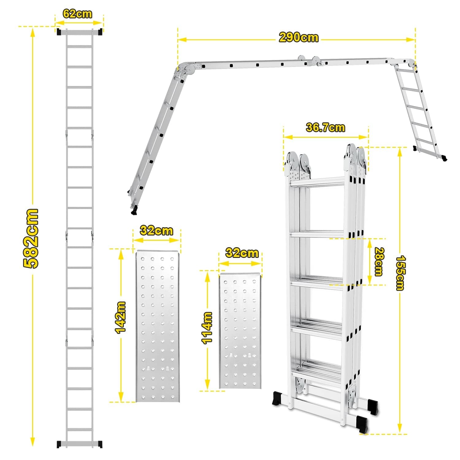 4 x 5 Scala multiuso pieghevole da 582 cm, 7 in 1 Scala Multifunzionale Alluminio con 2 piattaforma + Doppia puleggia, fino a 150 kg