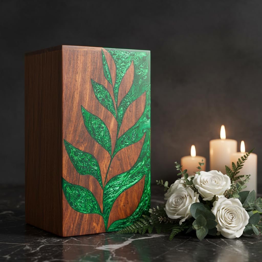 Urn for Ashes Adult Male - Cremation Urns for Human Ashes, Burial Urns, Wooden Urn, Decorative Urn, Urns for Ashes for Women – Green Leaf (Medium)