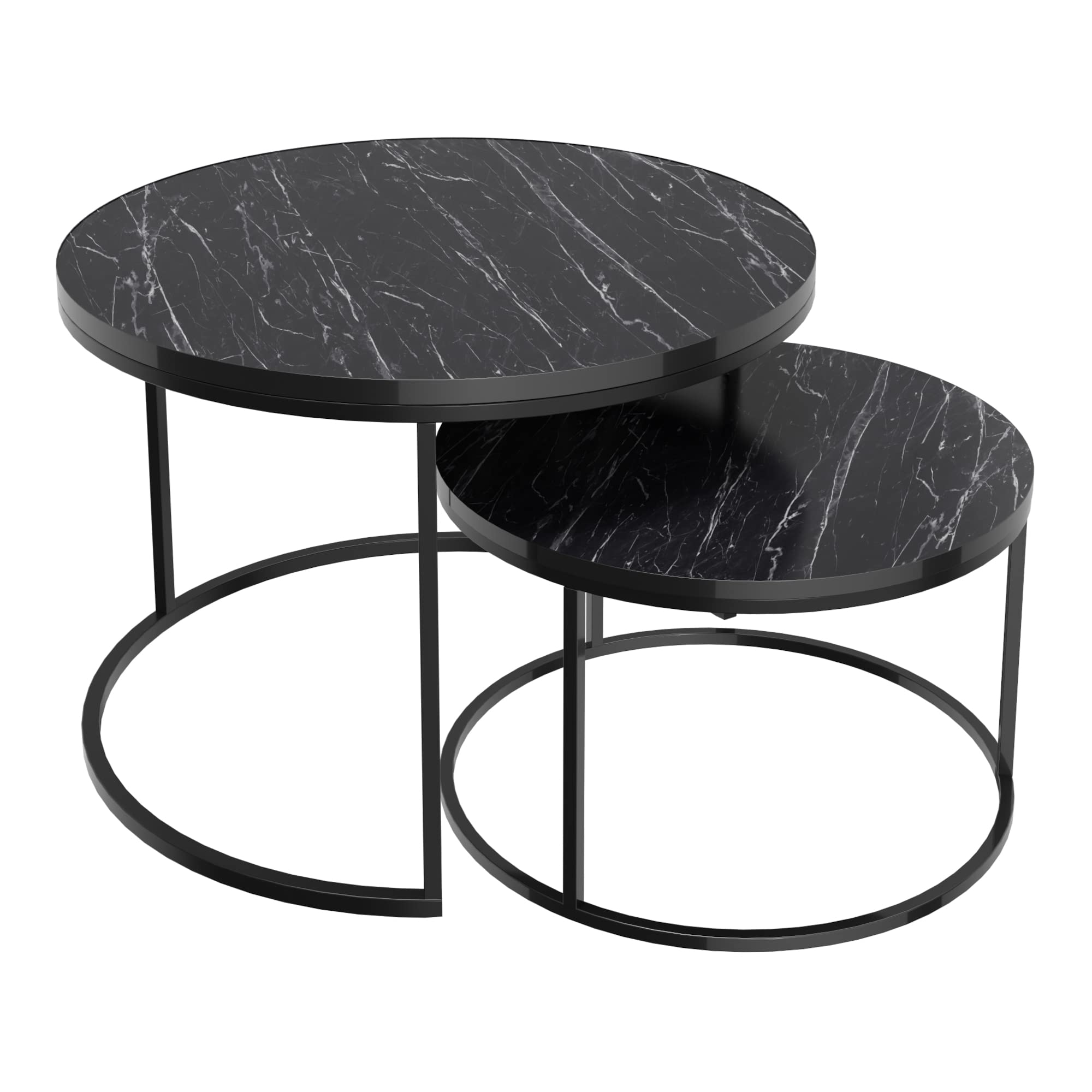 [en.casa] Couchtisch 2er Set Skagen Wohnzimmertische Beistelltische rund Satztisch Metallgestell Marmoroptik, schwarz