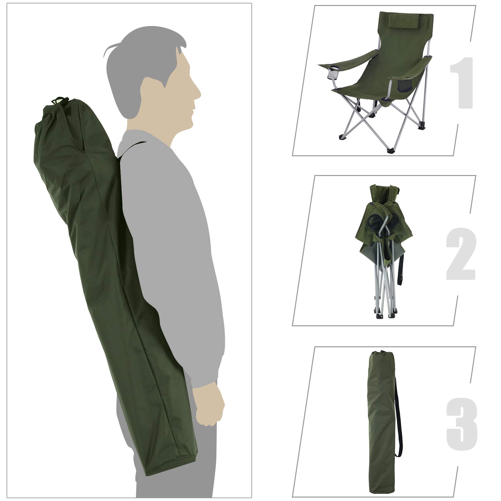 SONGMICS Krzesło kempingowe, krzesło składane, krzesło outdoorowe z podłokietnikami, zagłówkiem i uchwytami na napoje, metalowa rama, obciążenie do 150 kg