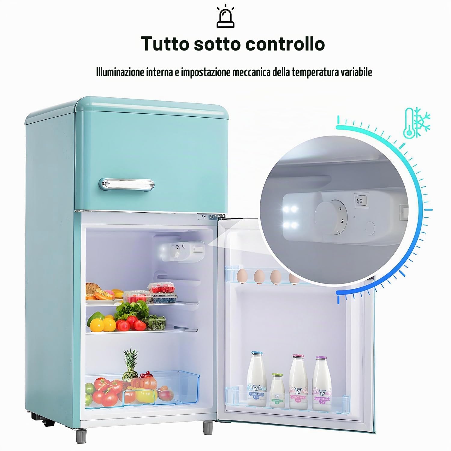 Combinazione frigorifero-congelatore retrò: due porte, altezza 86,8 cm, larghezza 45,5 cm, piccolo frigorifero, volume totale 60 litri, silenzioso, 120 kWh/anno,Blue
