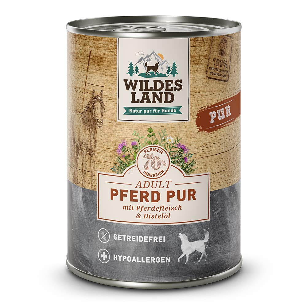 Wildes Land - Nassfutter für Hunde - Pferd PUR - 12 x 400 g - mit Distelöl - Getreidefrei & Hypoallergen - Extra hoher Fleischanteil von 70% - Beste Akzeptanz und Verträglichkeit