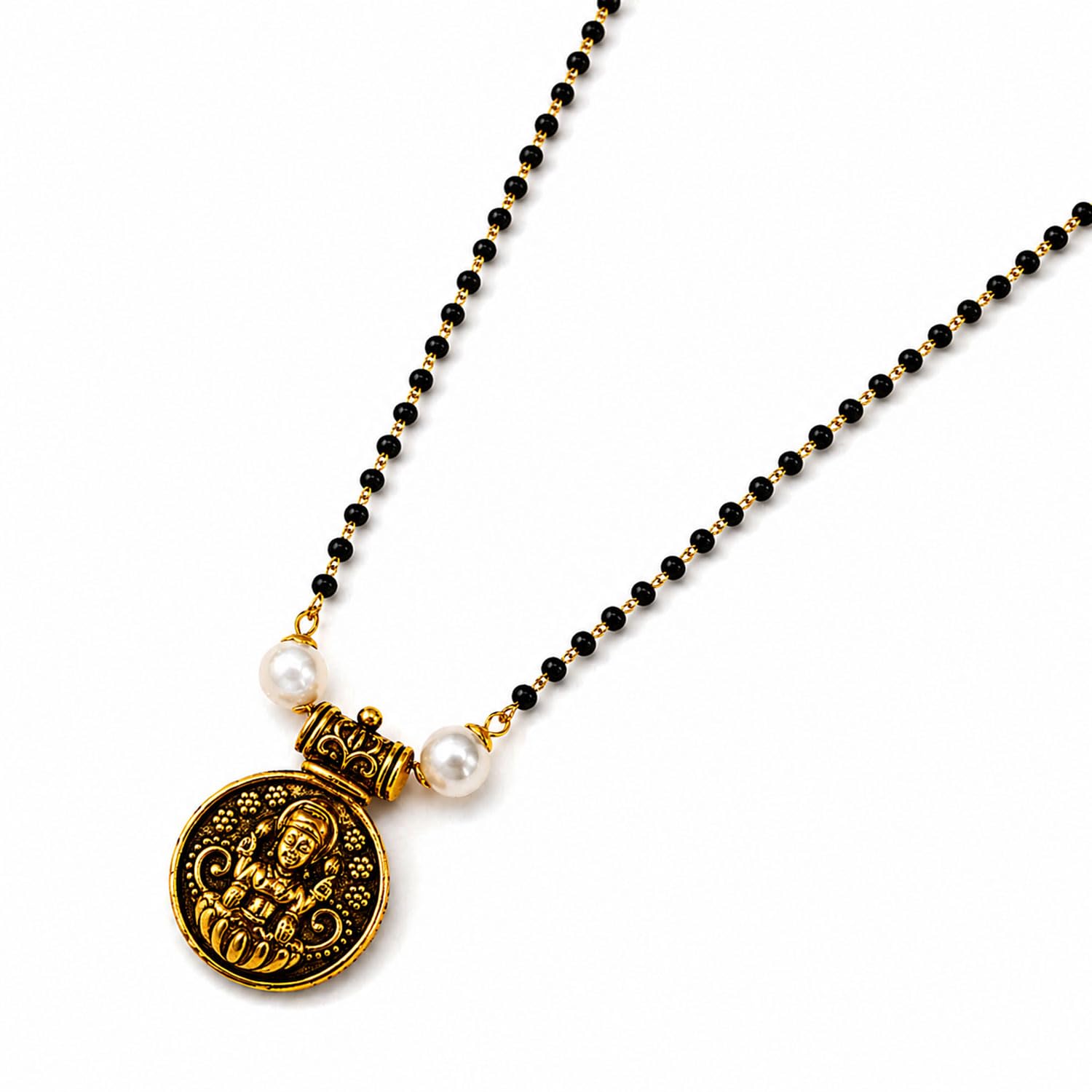 FASHIONS 18K Gold Plated Anti Tarnish Black Kala Moti Beads Laxmi Devi Pendant Nallapusalu Mangalsutra Mangalya Tanmani Tanmaniya Mangal Sutra For Women-image-42