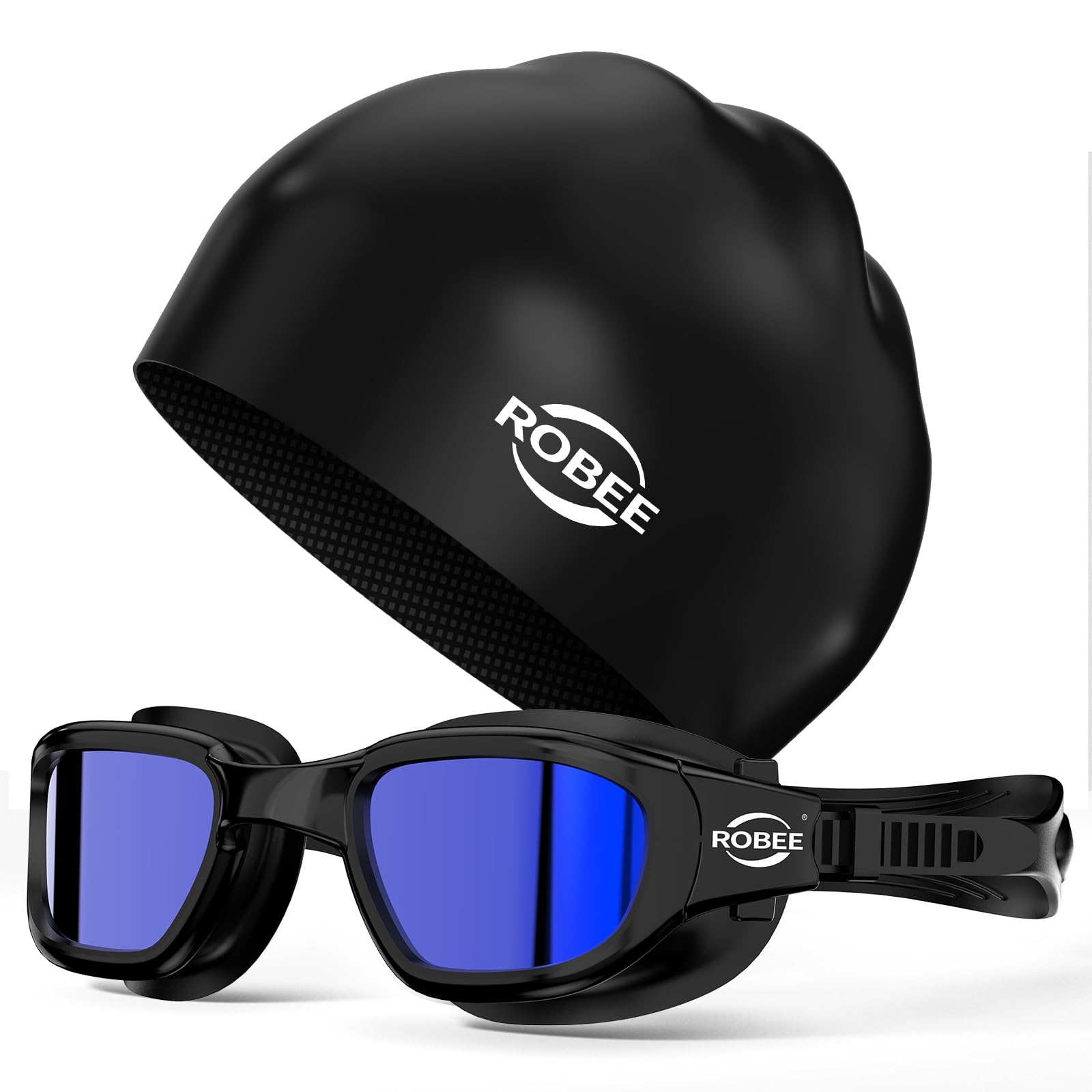 Robee Schwimmbrille, Schwimmkappe und Brillenetui, polarisierte Schwimmbrille, Silikonkappe für Erwachsene, Herren, Damen