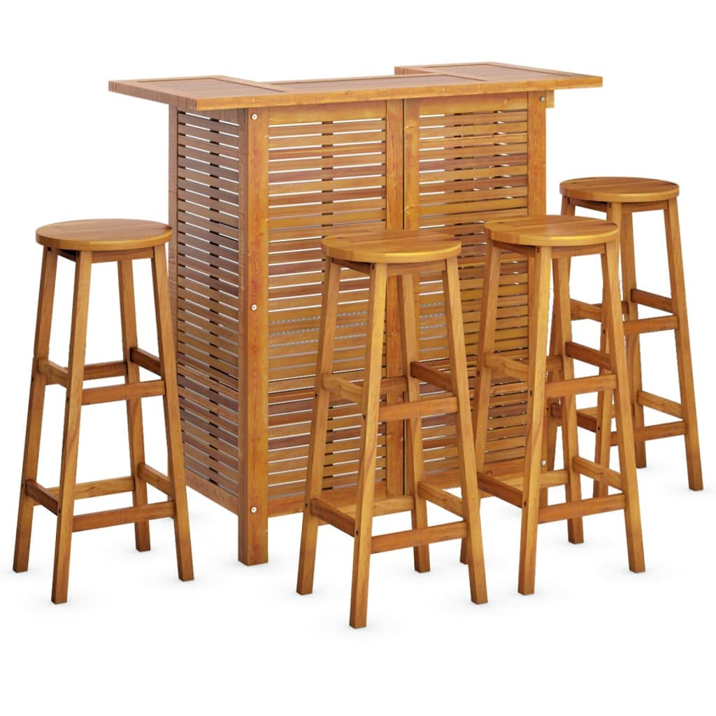 Juego Bar Jardin 5 Pzas Madera Acacia | Mesa Bistro con 2 Estantes, Taburetes con Reposapies, Aceite Acabado, Max 110 kg por Asiento