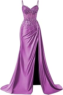 Sparkly Beaded Satin Prom Dresses with Slit Lace Appliques Spaghetti Strap Long Mermaid Evening Gown - Buy now