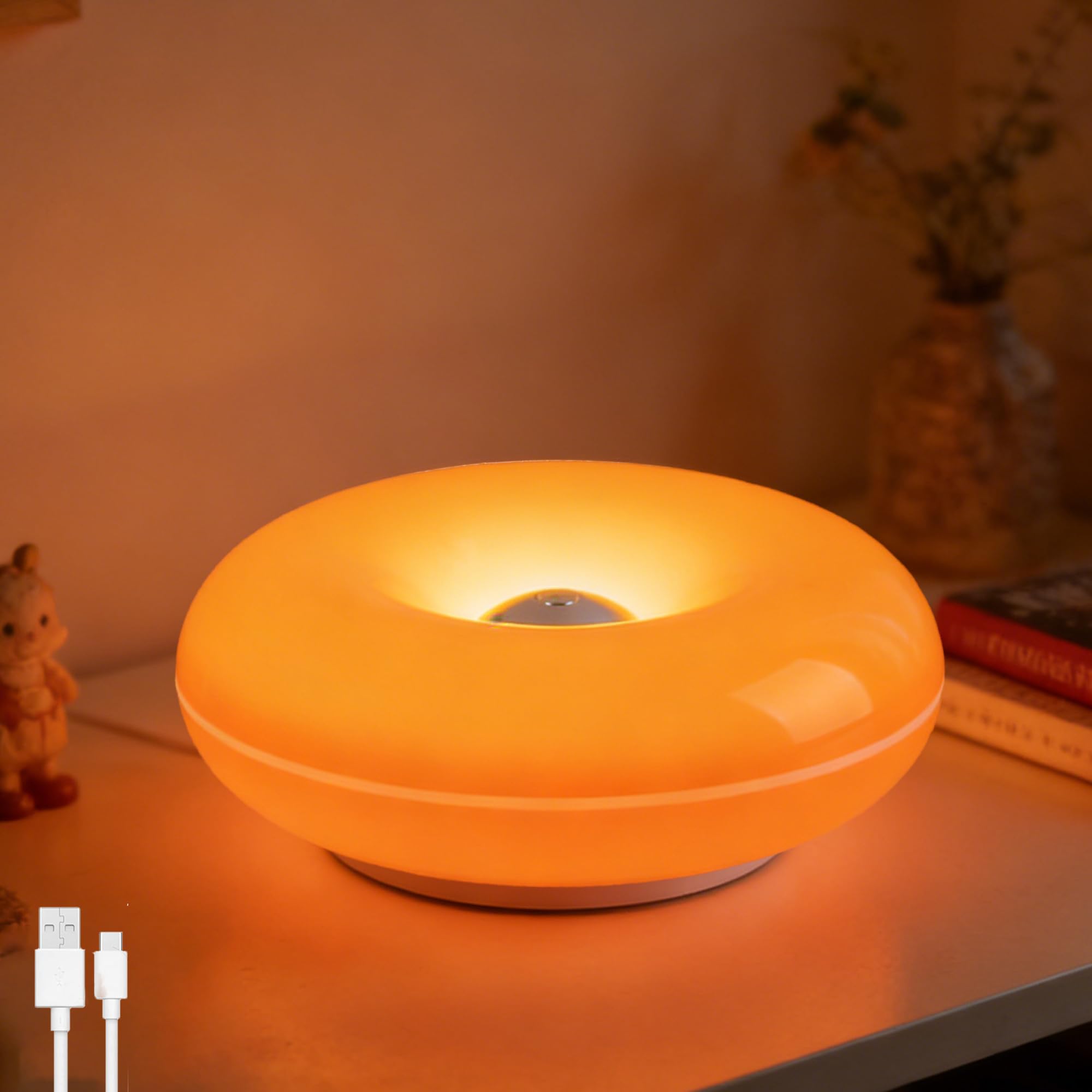Orange Donut Lamp Rechargeable LED Donut Table Lamp Wireless Touch Dimmable USB-Rechargeable 2000mAh Battery-Powered Bedside Lamp Modern Round Decorative Lamp for Bedrooms and Dining Rooms,Orange