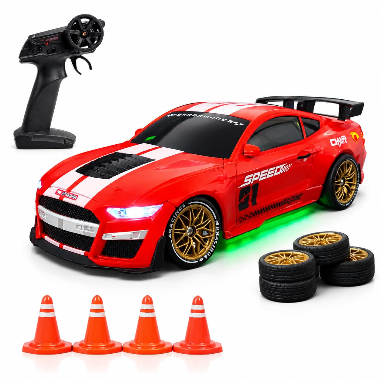 Storio Ghost RC Drift Car 1:24 Scale 4WD | 20KM/H High-Speed Remote Control Car with LED Lights | 2.4GHz Rechargeable Drift Racing Car with Extra Tires & Cones | Gift for Boys & Girls-picture-49