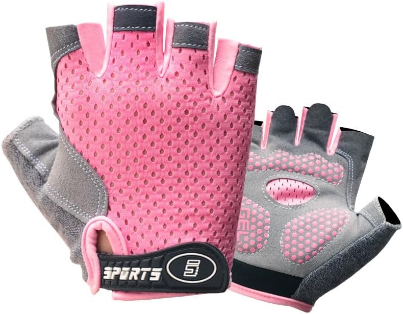 Guantes de ciclismo para niños y niñas de 5 a 9 años de edad, color rosa con medio dedo, antideslizantes, con relleno, antideslizantes, sin dedos