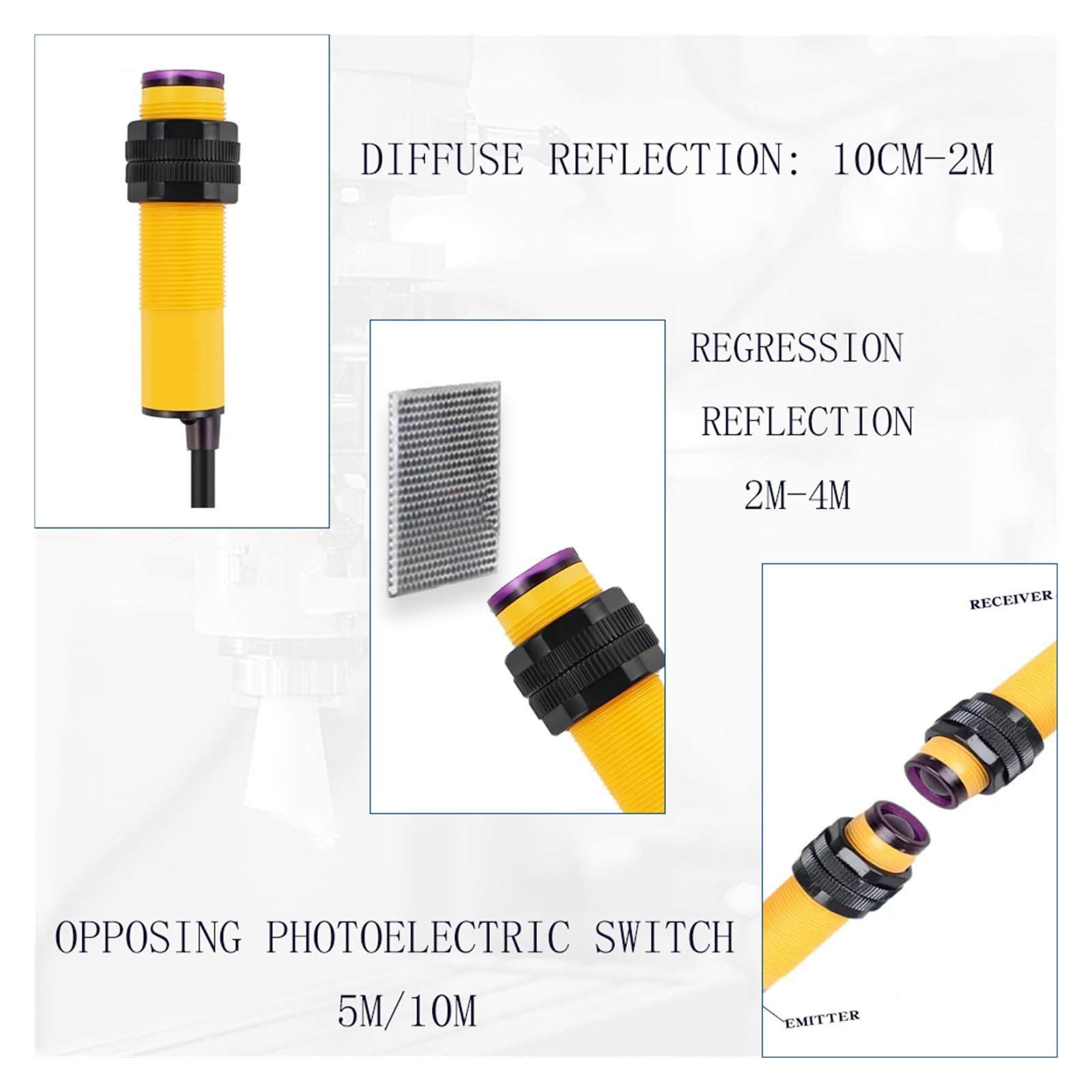 Sensor fotoeléctrico con Rango de detección Ajustable de 30 cm, 24 V CC, 3 Hilos.(Sn30cm PNP NO NC)