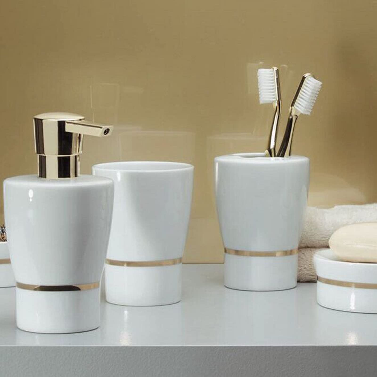 Biały, ceramiczny dozownik do mydła w płynie, z możliwością ponownego napełnienia, dekoracyjny, do rąk, płynu do mycia naczyń i balsamu, do łazienki (kolor: złoty)