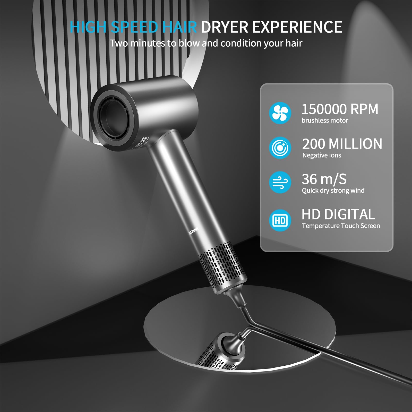Seche Cheveux Professionnel Ionique 1500W 4 niveaux de température & 3 niveaux de vitesse seche cheveux ionique voyage Écran HD Température Écran tactile (Gris)