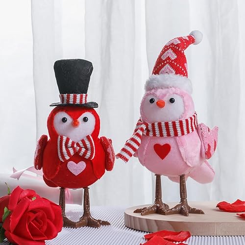 Miniatura 3 de Alipis Decoraciones de pájaros para el día de San Valentín, 2 figuras de pájaros de tela de San Valentín, pájaros brillantes rojos y rosados,