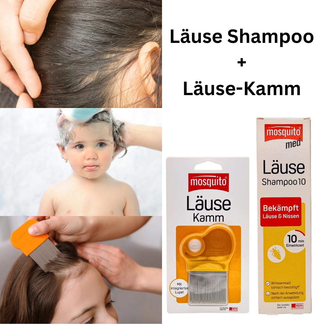 Mosquito med Läuse-Shampoo 10 100 ml + Mosquito Läuse-Kamm I Set zur Anwendung bei Läusen & Nissen I mit White-Oil I ab 1 Jahr I Haarpflege Set I mit Pharma Perle Duschgel