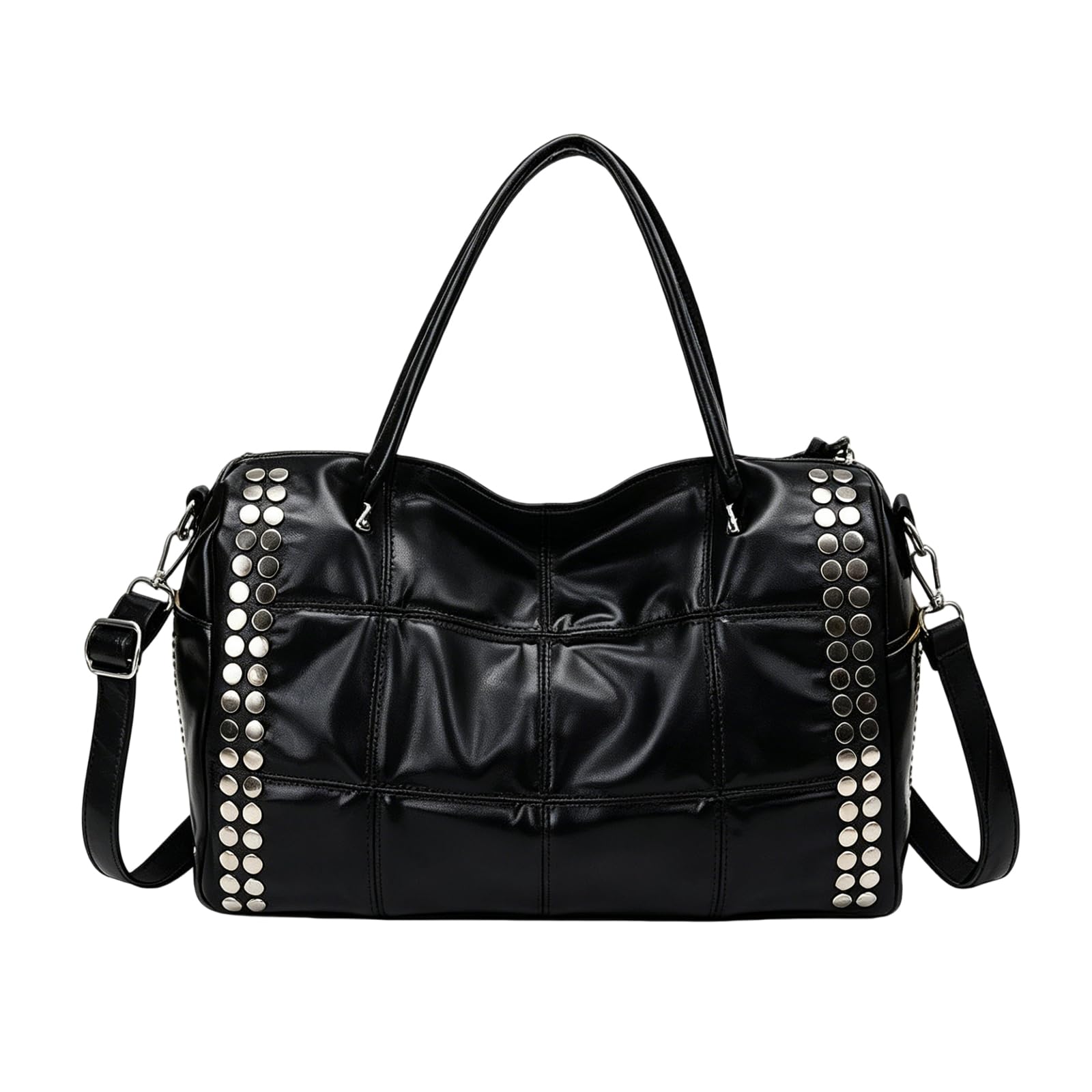 Bolso de mano de piel sintética para mujer, con remaches de metal, correa desmontable, tachonada, bolsa de mano para motocicleta, L