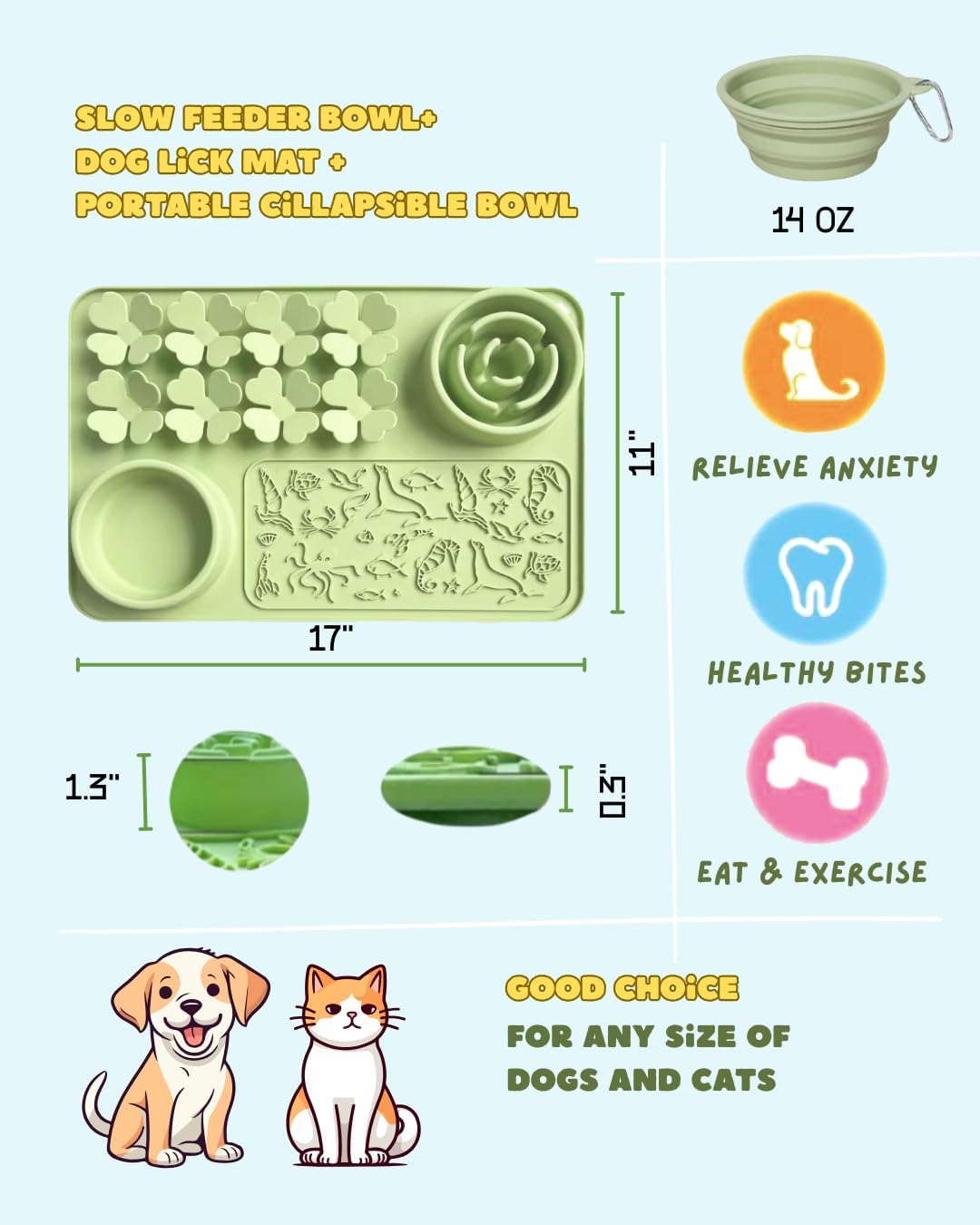 Silicone Lick Mat & Slow Feeder Bowl for Dogs and Cats – Suction Cup Snuffle Mat for Dogs and Cats – Slow Eating, Smell Training, Collapsible Portable Pet Bowl (Green)