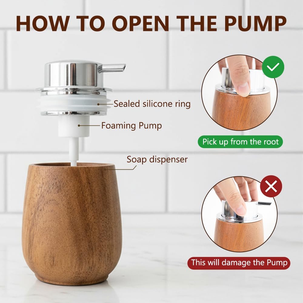 Walnut Wood Soap Dispenser Set with Tray, 7oz/200ml Foaming Hand Soap Dispenser with 6 Labels, Wooden Bathroom Organizer Tray for Toiletries & Aromatherapy, Countertop Bathroom Accessories