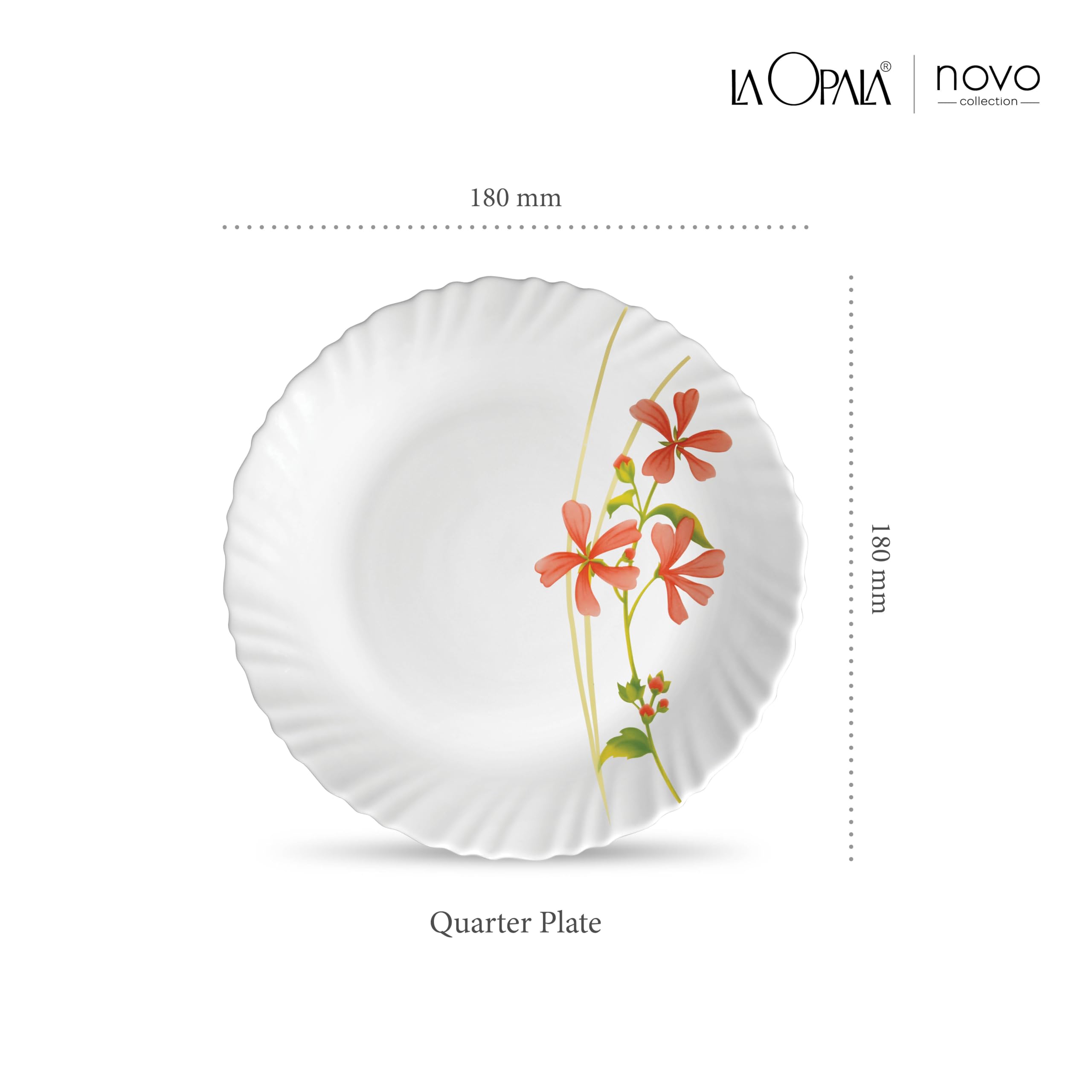 La Opala Novo Collection Opal Glass Crockery | Quarter Plate Set of 6 | Coral Charm Design | Plates for Snacking & Gifting | Microwave Safe | 100% Vegetarian | Extra Strong | Super Light & White 1