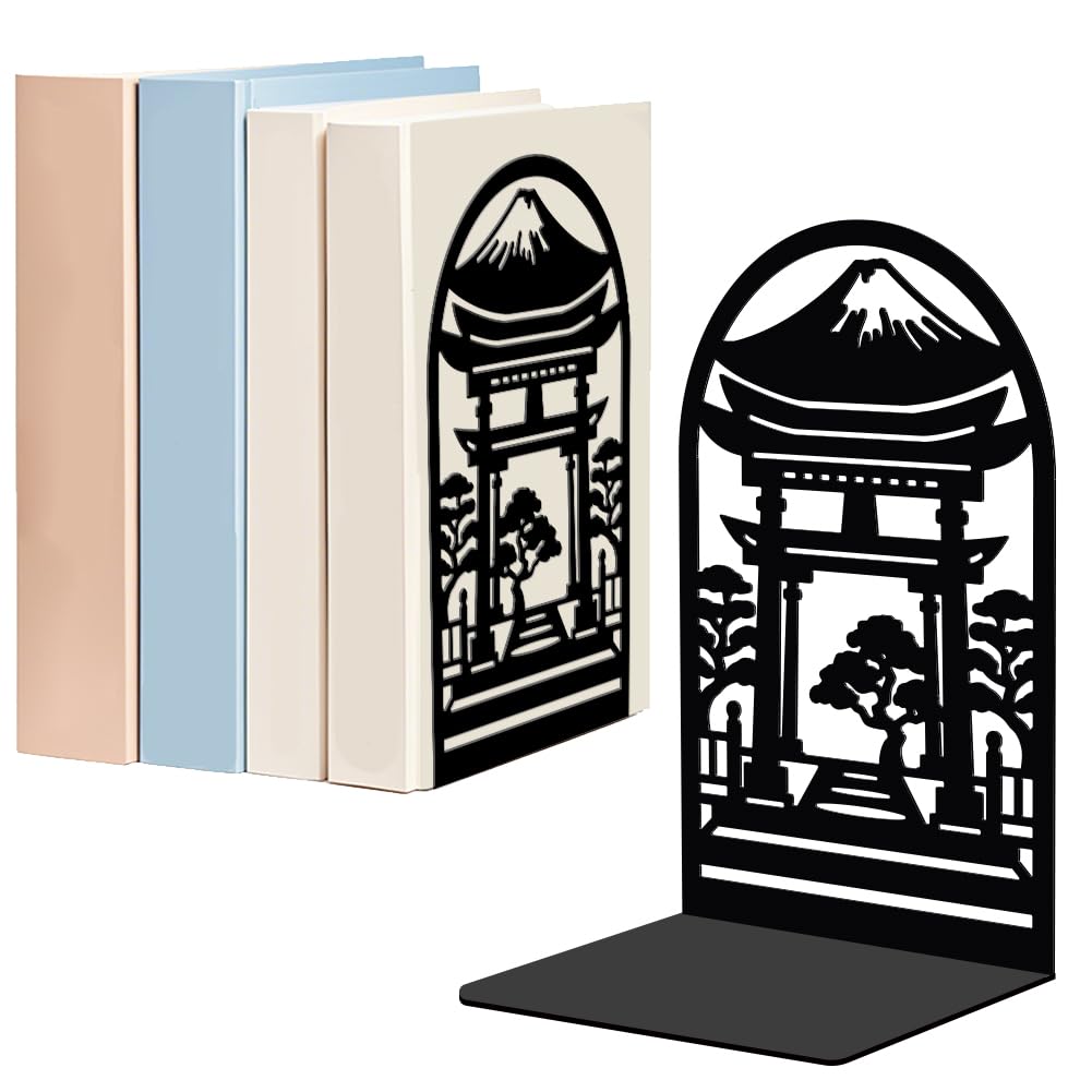 WADORN 1 Pair Japanese Building Metal Decorative Bookend for Shelves, Heavy Duty Book Ends Modern Non-Skid Books Holder Stand Black Book Support Stoppers for Desk Bookshelf Office, 5.3x4.3x7.8 Inch