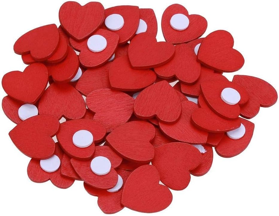 100Pcs Handmade Adhesive Red Wooden Hearts Embellishments Stickers DIY Scrapbooking Accessories Christmas Decorations Ornaments for Wedding Party Crafting Card Making