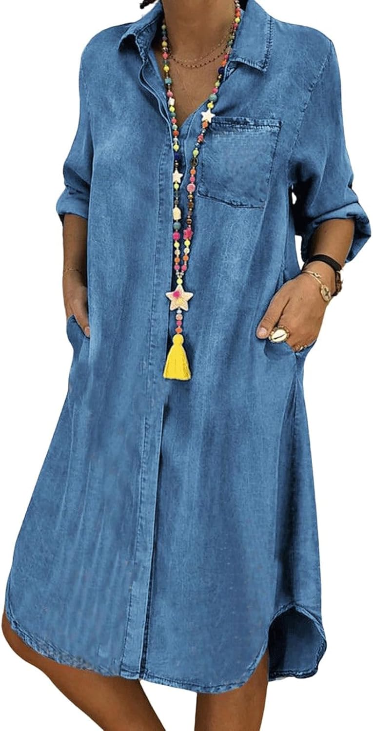 Womens Summer Casual Loose Denim Shirt Dress Long Sleeve Button Down Classic Vintage Jean Dresses