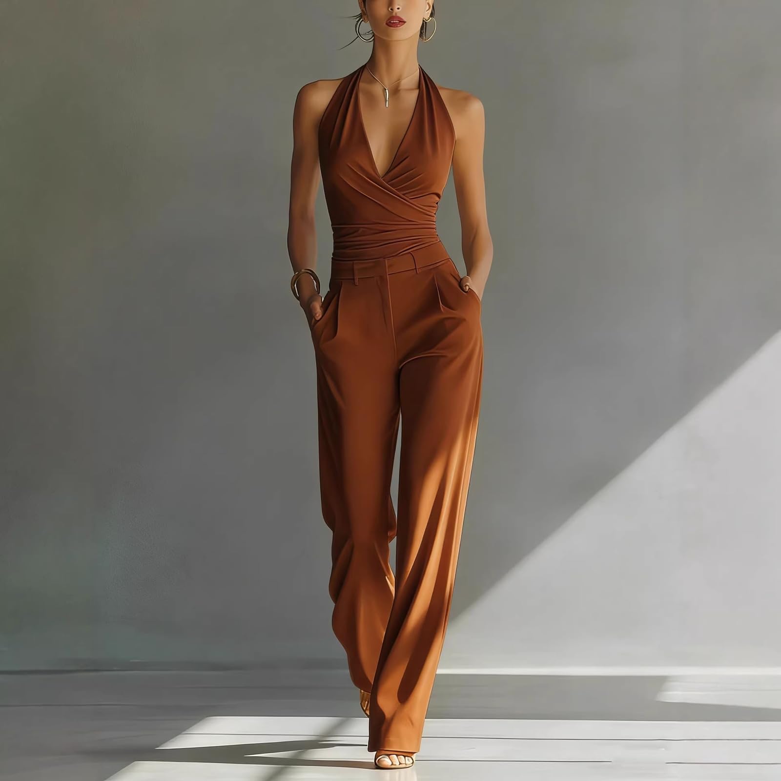 Ansenesna Jumpsuit Damen Elegant Festlich Lang Overall Für Hochzeit V Ausschnitt Jumpsuits Für Damen Weites Bein Rückenfrei Hosenanzug Business Ärmellos Einteiler Frauen Neckholder Tailliert Romper