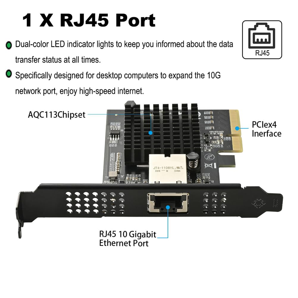 Scheda di Rete PCIE AQC113 da 10 Gbps A Porta Singola RJ45 Interfaccia PCIex4 1G/2,5G/5G/10 Gbps Ethernet LAN Cablata Win10/11