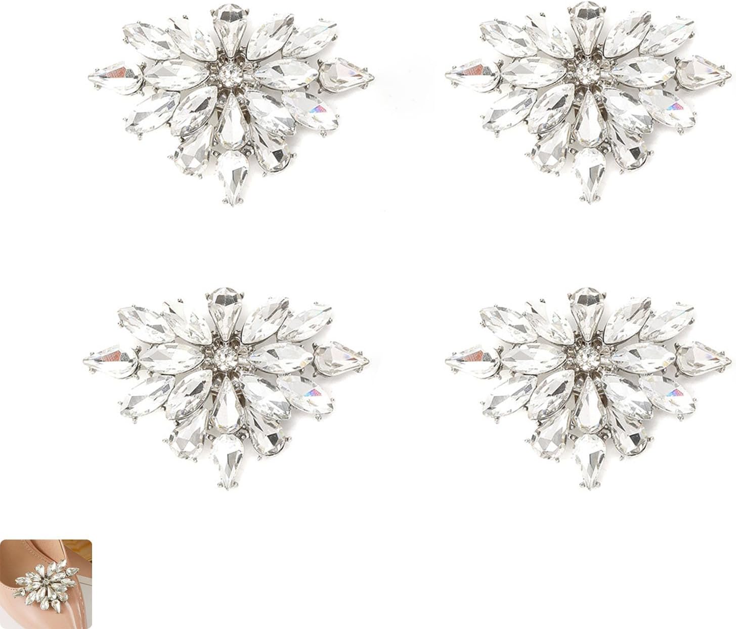 4Pcs Shoe Clips Charms for Women Rhinestone Shoe Clips Sliver Rhinestone Shoe Clips Elegant Crystal Sparkling Heels for Bridal Wedding Shoe Charms Decoration