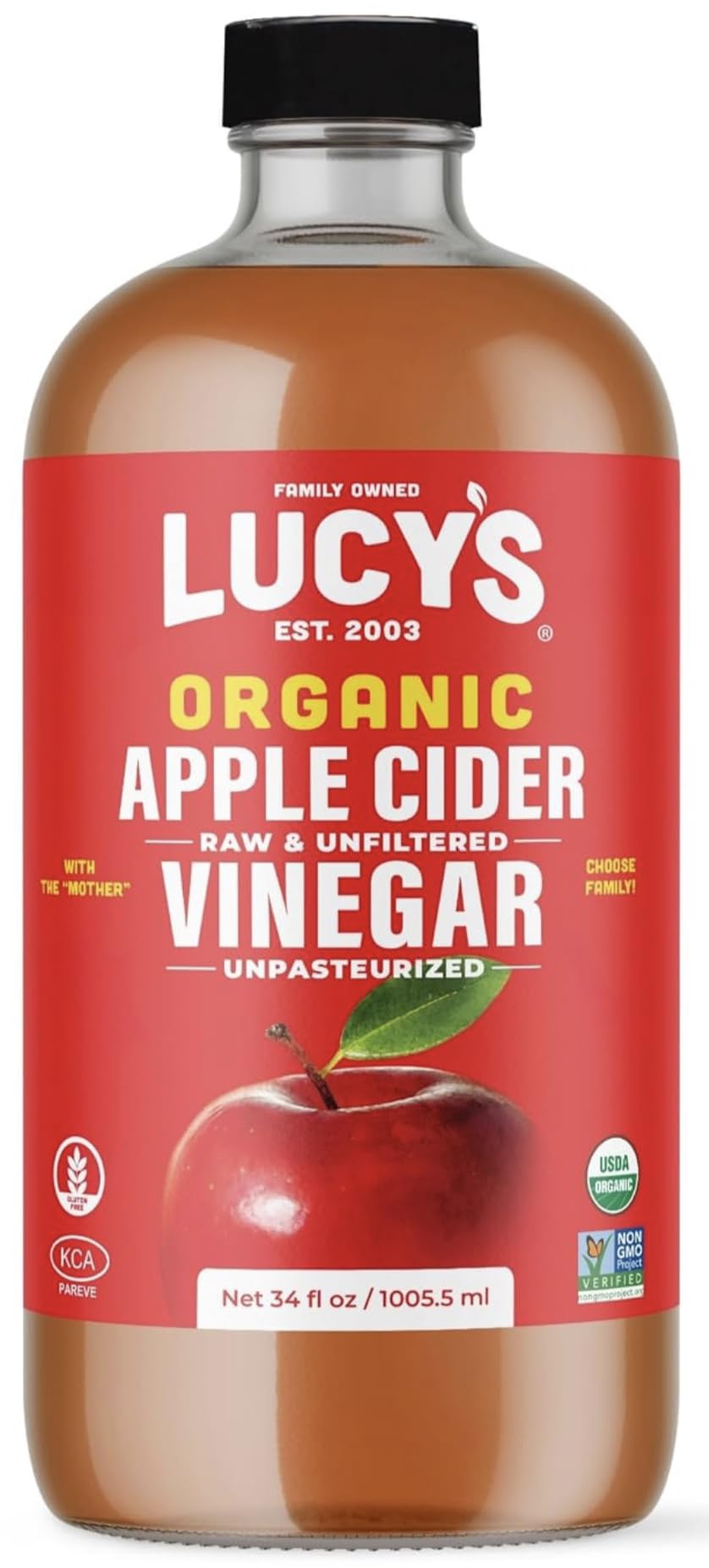 Lucy's Family Owned - USDA Organic NonGMO Raw Apple Cider Vinegar, Unfiltered, Unpasteurized, With the Mother, 34oz GLASS Bottle