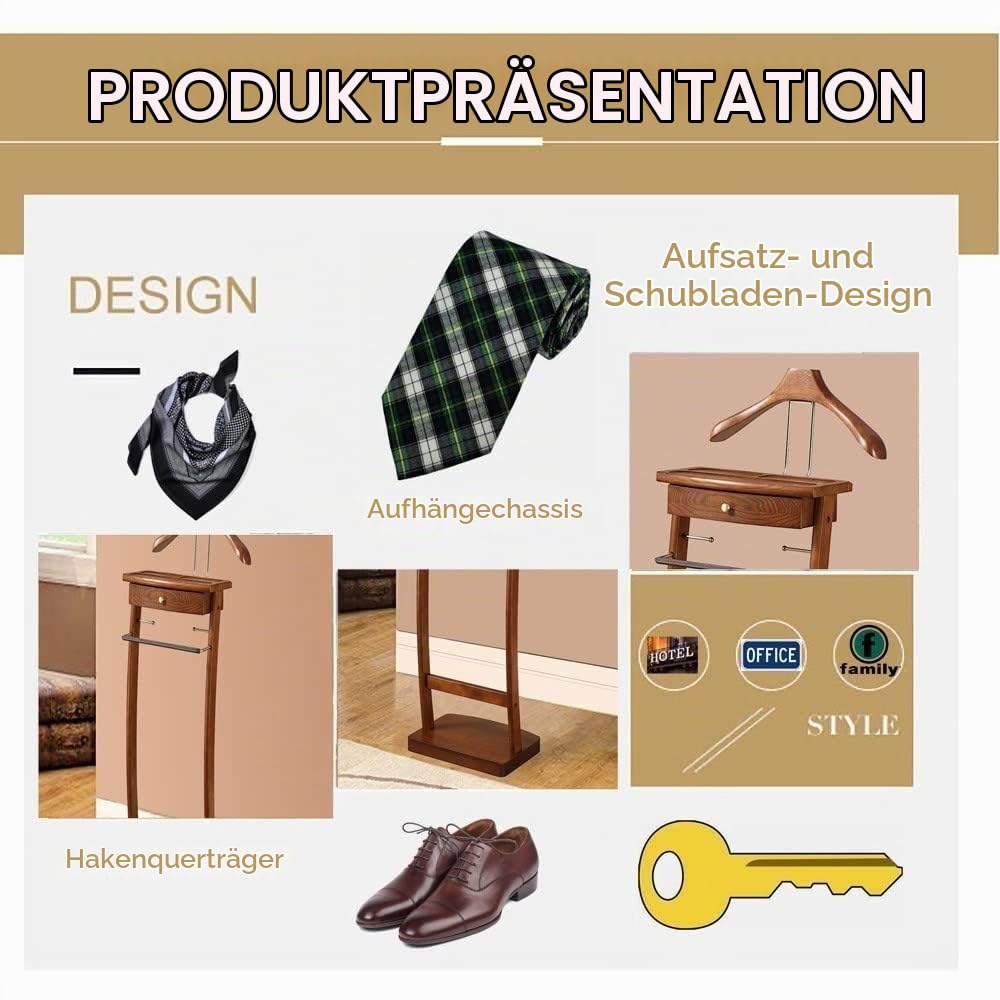 Herrendiener Stummer Diener mit Ablage aus Holz, Garderobe Kleiderständer Damendiener Kleiderstange aus Holz und Metall, Garderobenständer für Kleidung, Jackenbügel