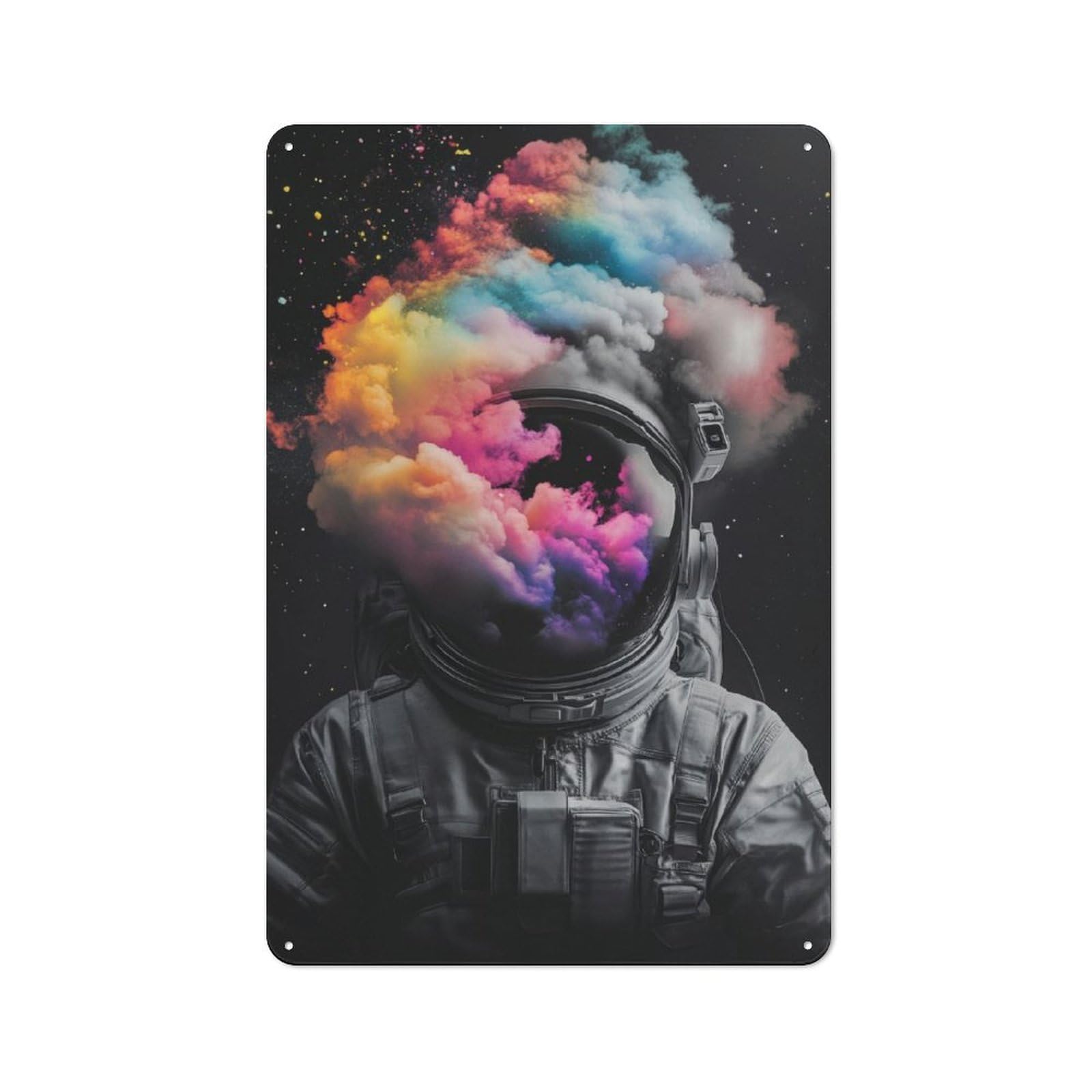 Junmoney Astronaut With Colorful Nebula Metal Sign 30X20cm With For Workshop Wall, Rustic Decor, For Garage, Workshop And Man Cave Decoration