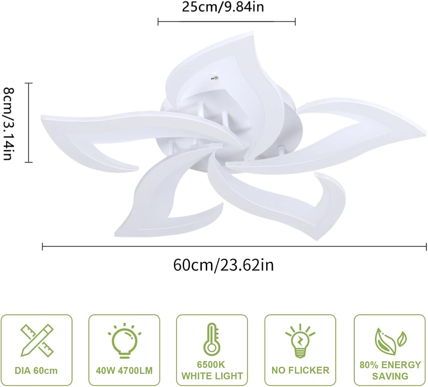 Comely Plafoniera LED a soffitto 60W, 6750LM. Design moderno a petalo in acrilico, adatta ad soggiorno, camera da letto, sala da pranzo o bagno. Luce bianca fredda 6500K, bianco, 60cm