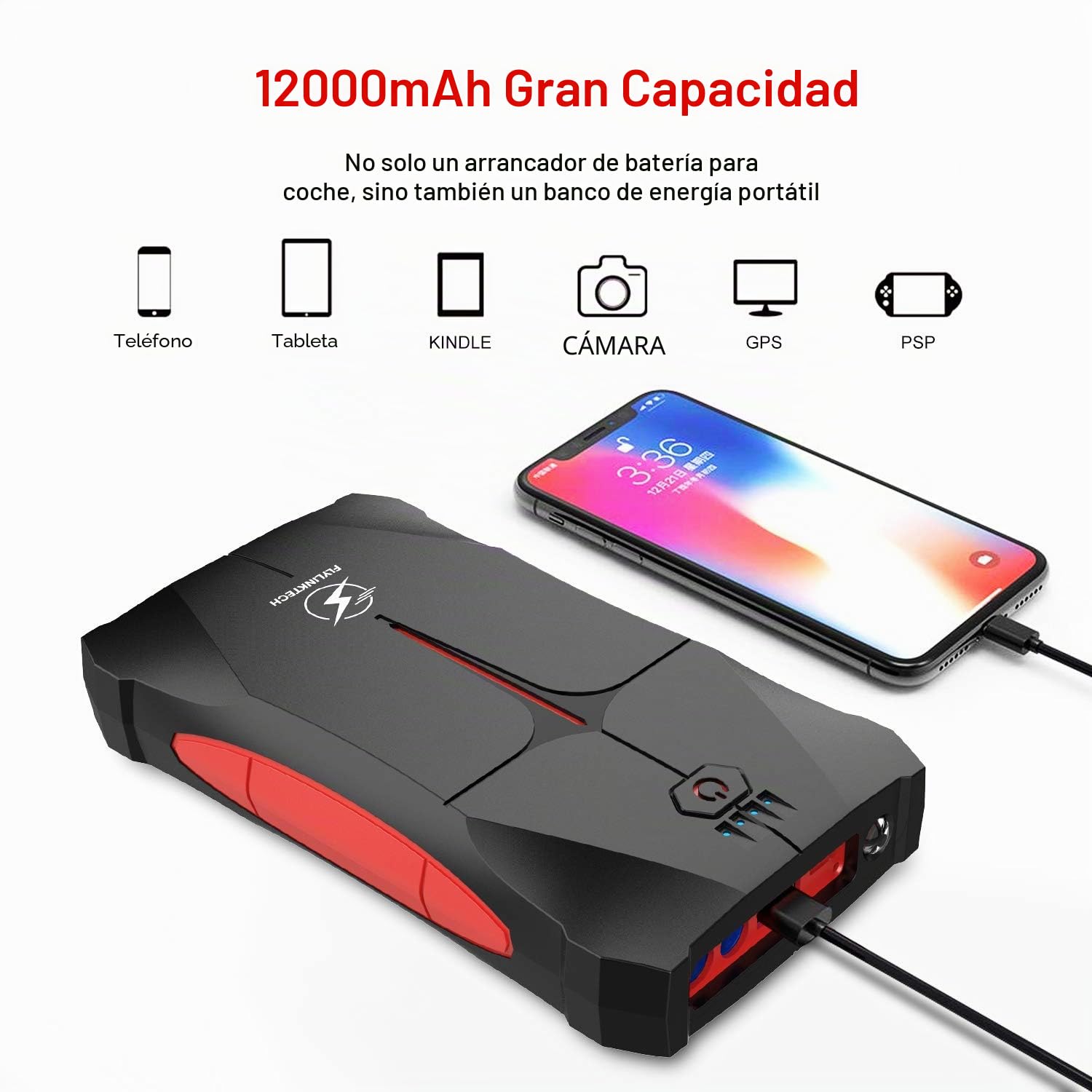 FLYLINKTECH Booster Batería 12000mAh 800A (4,0L Gasolina, Hasta 2,0L Diésel) Arrancador Portátil de Batería Impermeable IP67 para Auto Moto, Arrancador de Coche con Lámparas LED, Certificado UL