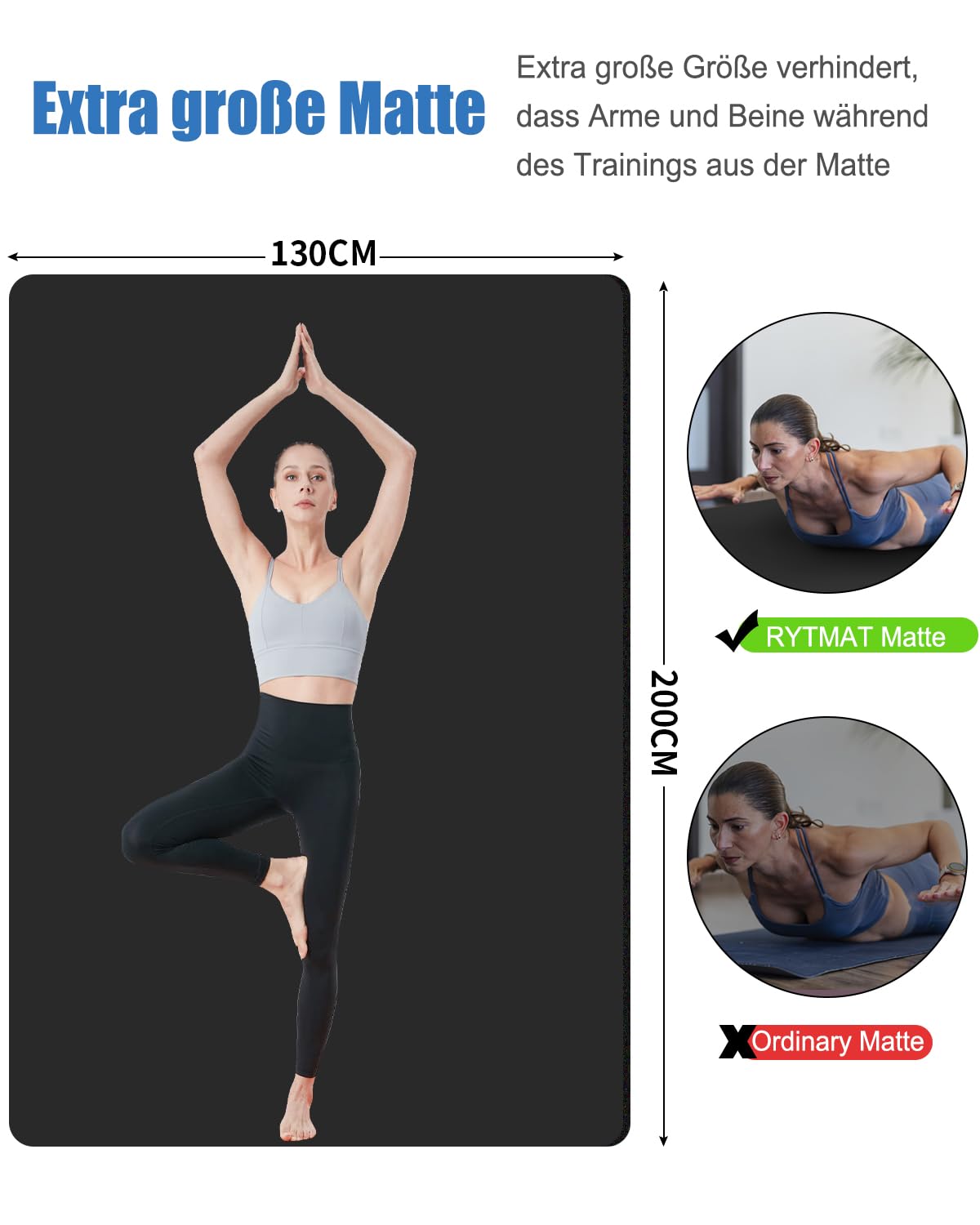 Yogamatte XXL 200x130cm NBR Groß Gymnastikmatte 10mm/15mm/20mm Dick | NBR Material, Extra-dick, Breit, Rutschfest, Stoßdämpfend, für Zwei Personen Home Gym Pilates Yoga Fitness