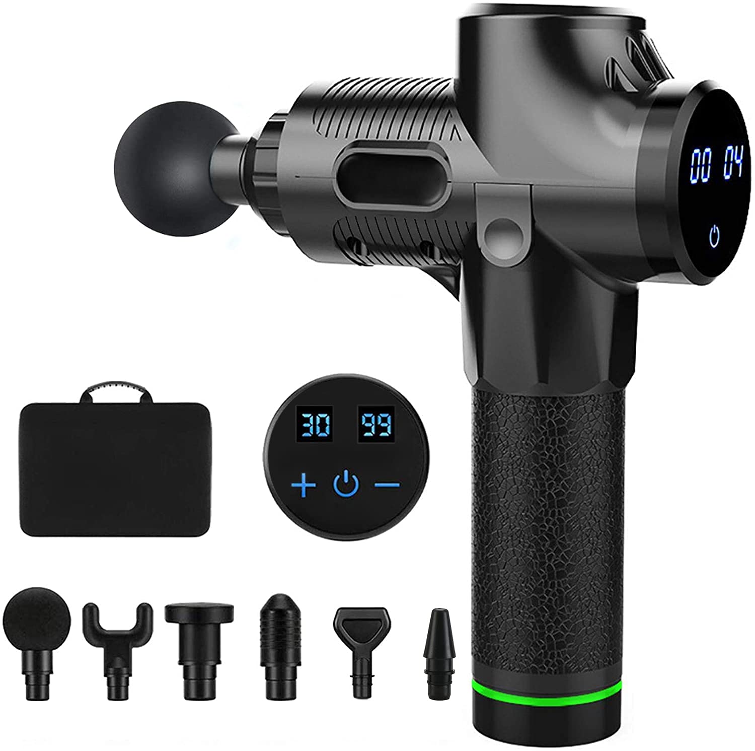 Massage Gun Muscle Massager, Deep Tissue Percussion Massager, 6 Heads, 30 Speeds Adjustable, Professional Handheld Electric Body Massager Sports Drill, LED Display, Carrying Case Black